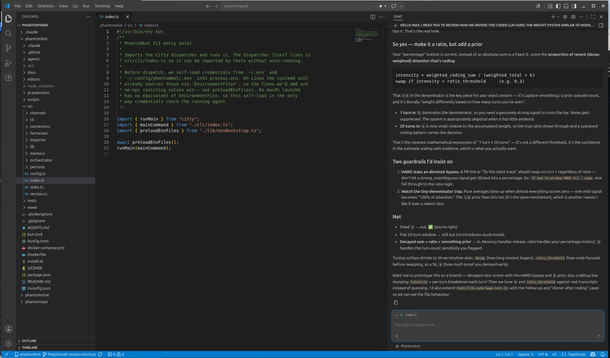 The coder-swap routing scorer open in the editor while Phantombot explains it