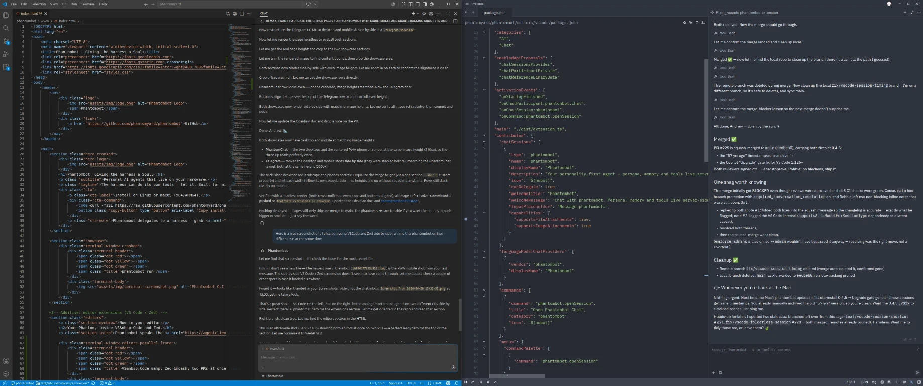 VS Code and Zed open side by side full-screen, each running a Phantombot agent on a different pull request at the same time