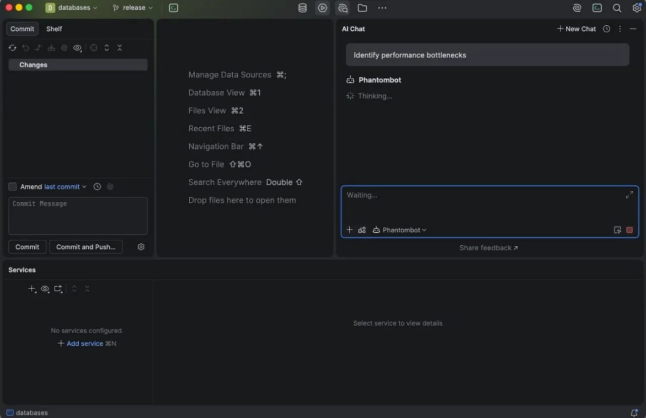 Phantombot selected in the JetBrains AI Chat agent picker inside DataGrip, working on a database project