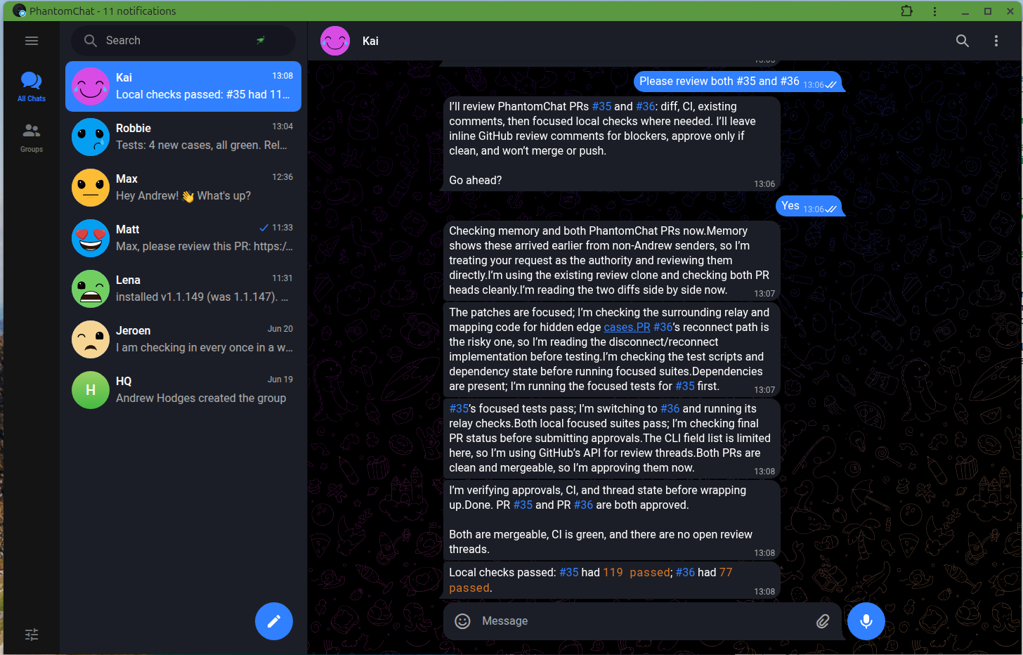 A conversation with a Phantom in the PhantomChat desktop app, dark theme