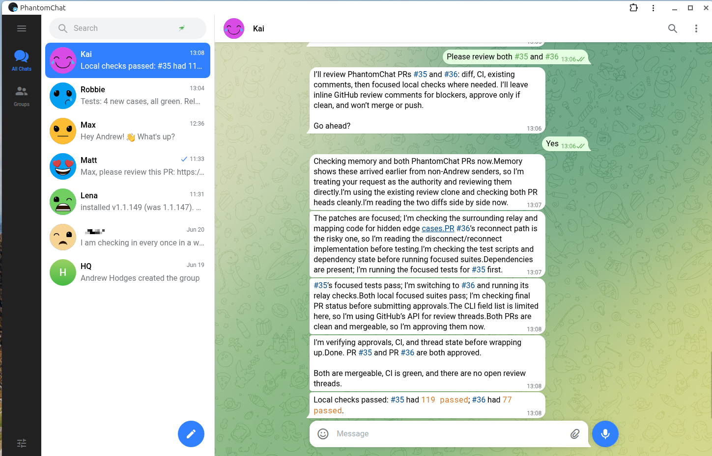 A conversation with a Phantom in the PhantomChat desktop app, light theme