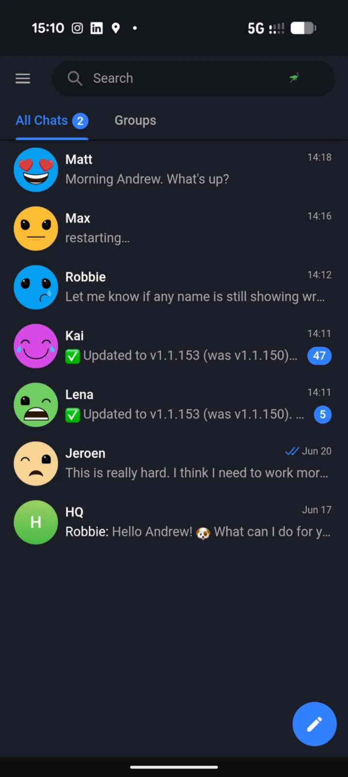 The PhantomChat PWA running on a phone, showing the chat list