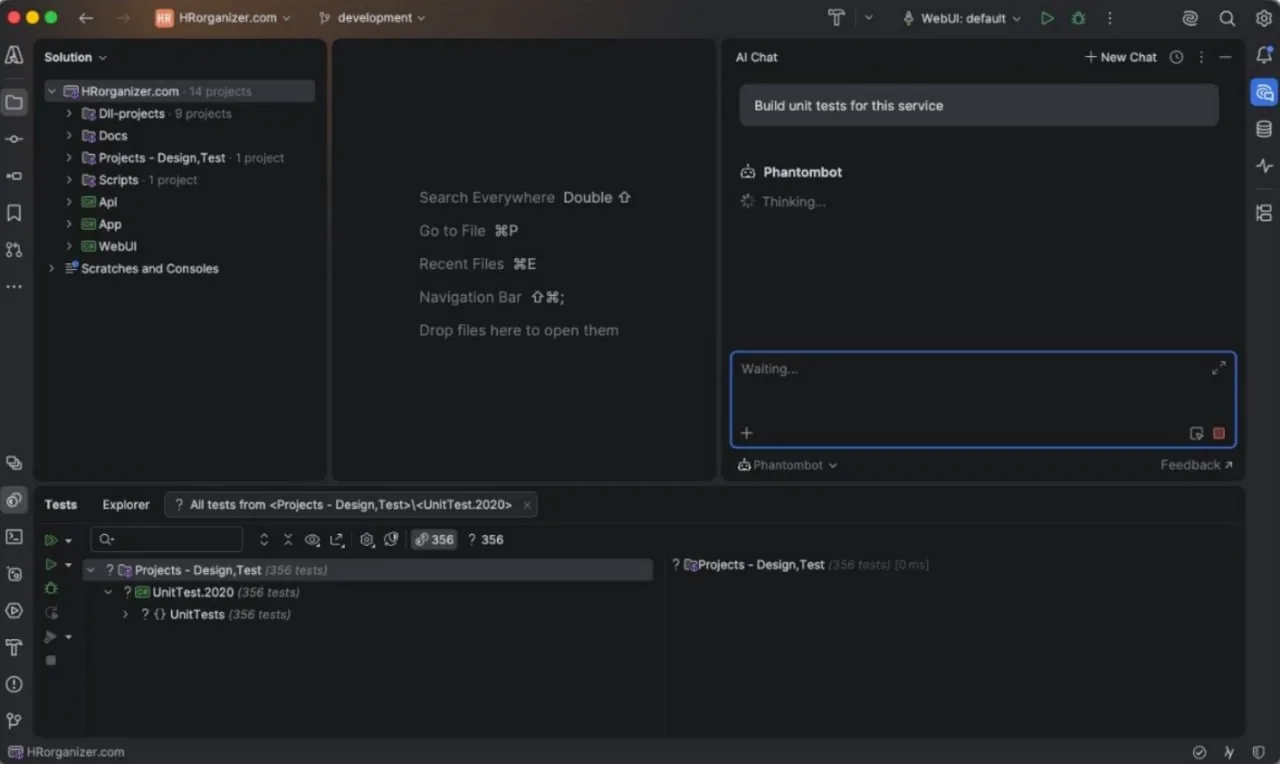 Phantombot agent in the JetBrains AI Chat panel inside Rider, building unit tests for a .NET solution