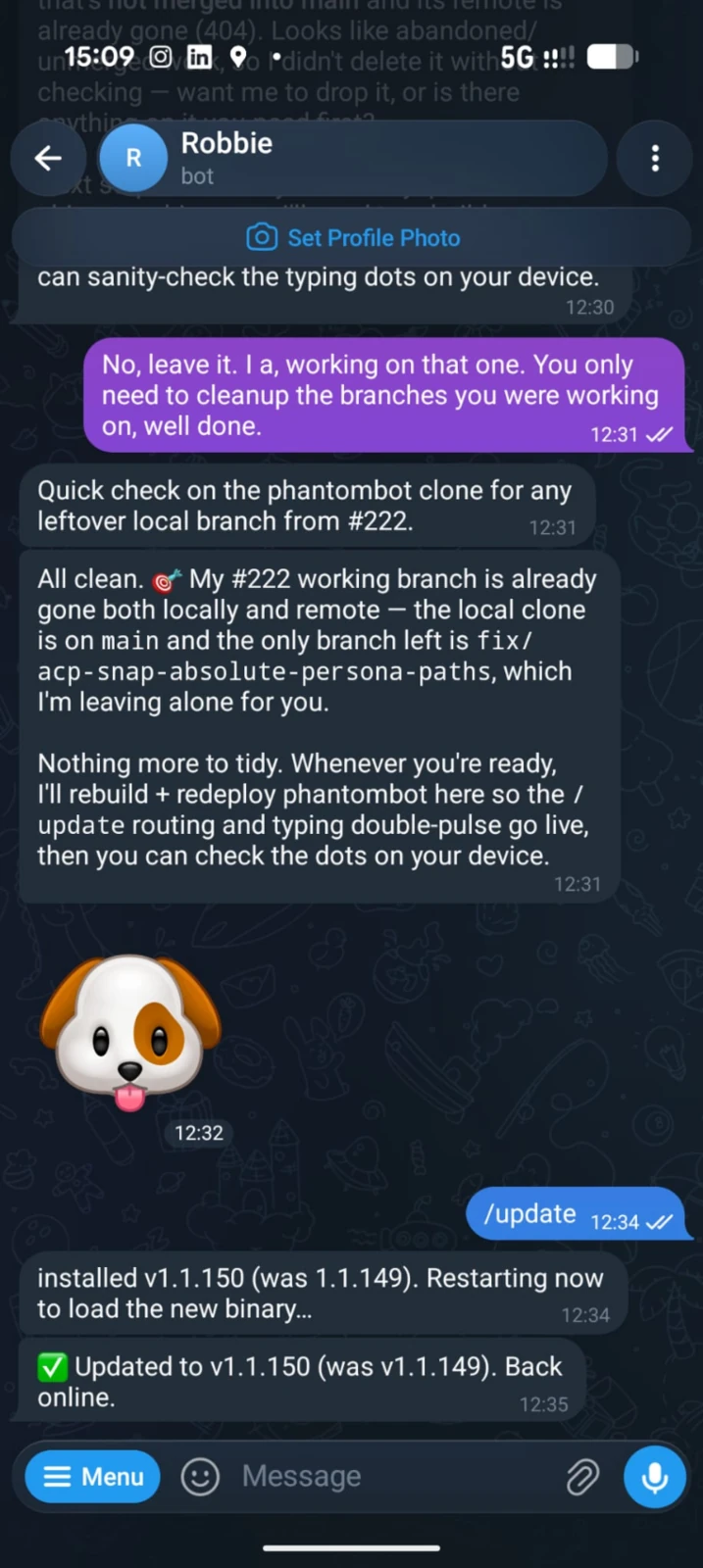 Phantombot on Telegram mobile
