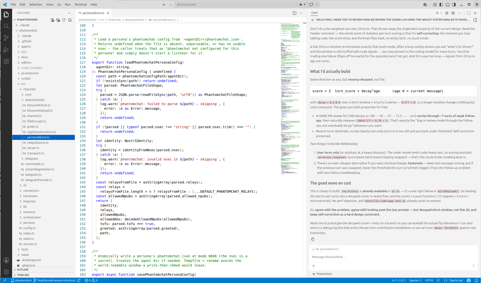 Phantombot chat panel open beside source code in VS Code
