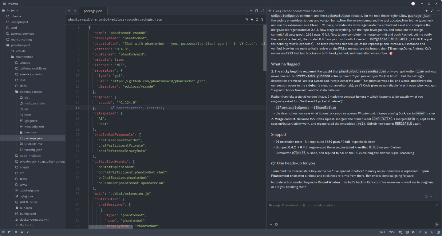 Phantombot agent panel open beside coderSwap.ts in Zed, dark theme