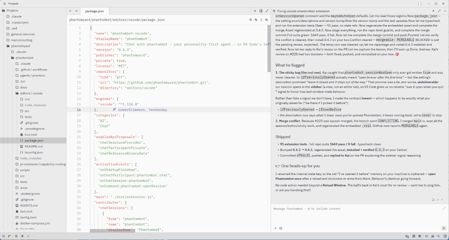 Phantombot agent panel open beside coderSwap.ts in Zed, light theme